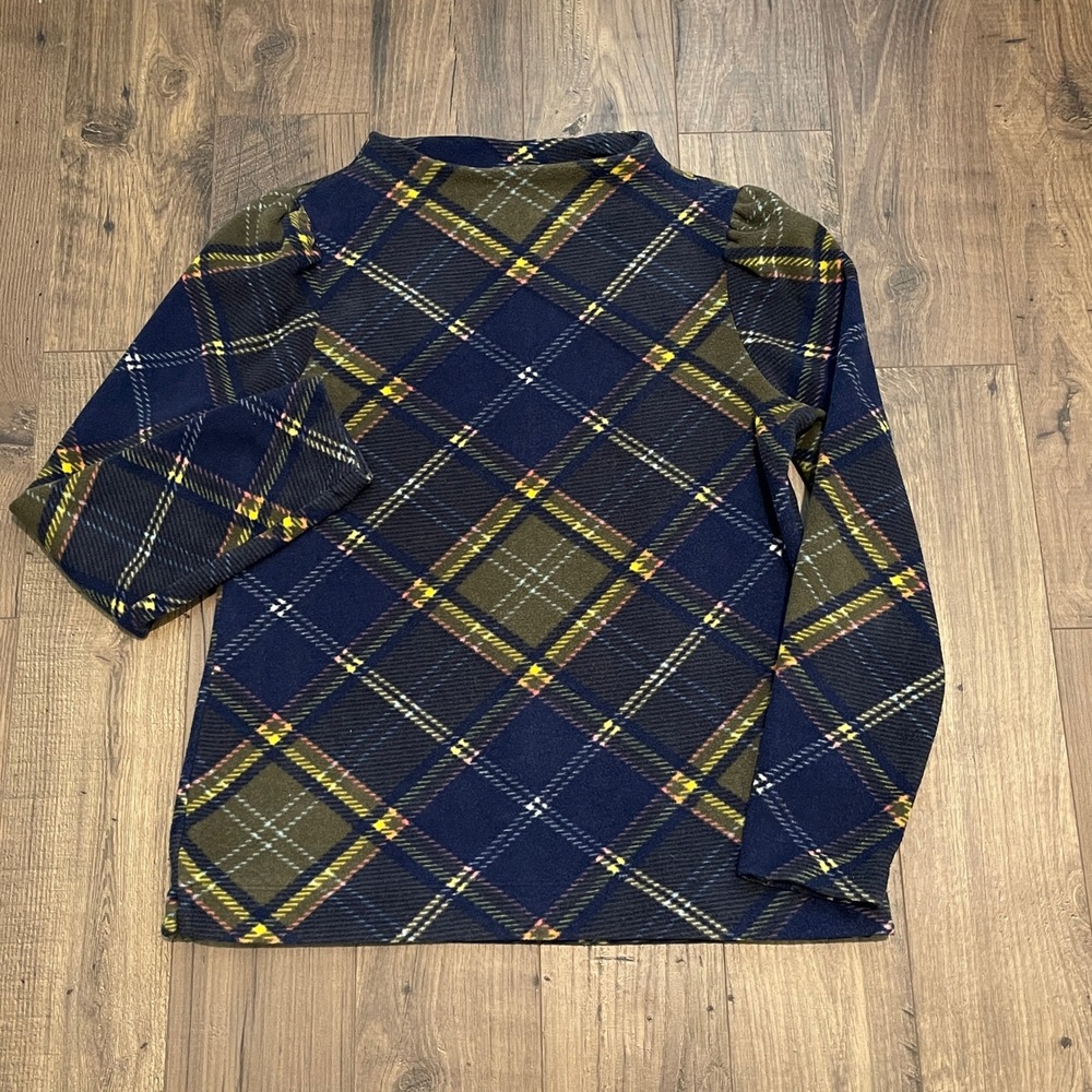 Talbots Womens Medium Plaid Funnel Neck Puff Shoulder Fleece Top Navy Green M